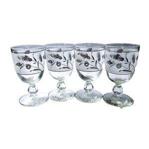 4 Vintage Libbey Silver Wheat &Thistle Frosted Goblet Glasses 8 oz 1960s